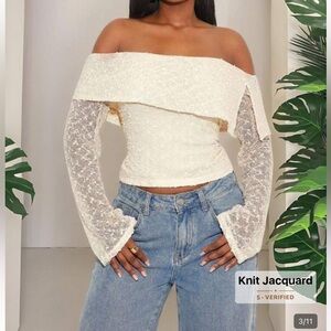 Off-Shoulder Lace Sleeve Knit Top in Ivory